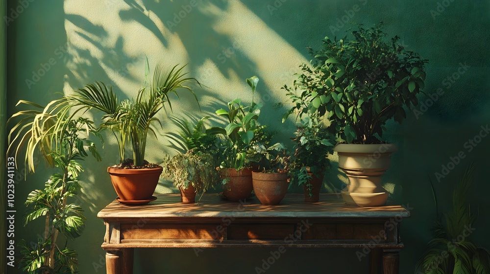 2. An elegant scene featuring a brown wooden table decorated with thriving potted plants, complemented by a rich green wall backdrop, showcasing a harmonious blend of natural elements 2. An elegant scene featuring a brown wooden table decorated with thriving potted plants, complemented by a rich green wall backdrop, showcasing a harmonious blend of natural elements