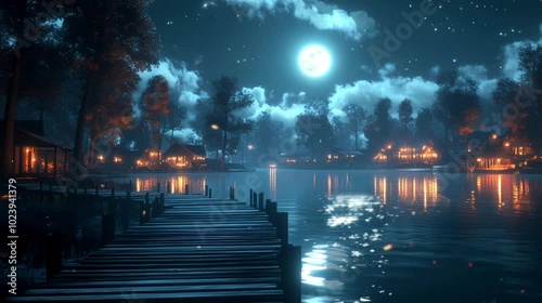 A peaceful village nestled by a calm lake, the full moon casting soft reflections across the water, beautifully animated in a cartoon style for seamless 4k background footage