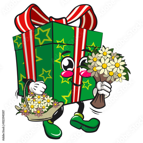 green gift box cartoon character and stars pattern with a red ribbon isolated vector illustration as florist with desy flowers, the concept of birthday, christmas, new year, work of hand drawn photo