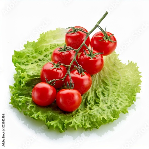 Ripe red cherry tomatoes bunch on green lettuce leaf isolated on white background. Fresh vegetables ingredients.