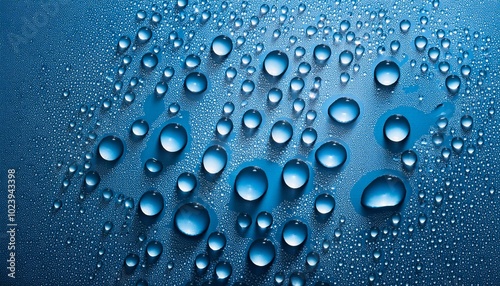 Drops of water on blue surface. 