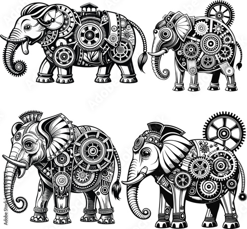 High-Quality Black and White Animal Silhouettes and Steampunk Mechanical Creatures Vector Collection