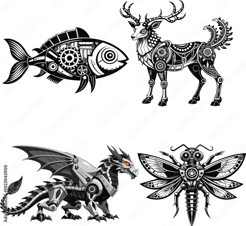 Obraz premium High-Quality Black and White Animal Silhouettes and Steampunk Mechanical Creatures Vector Collection