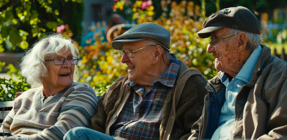 Fototapeta premium Older people chatting on a garden bench on a sunny afternoon.