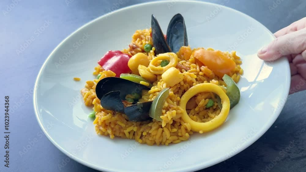 Serving a Bowl of Spanish Seafood Paella with Vegetables, Mussels and Squid Serving a Bowl of Spanish Seafood Paella with Vegetables, Mussels and Squid
