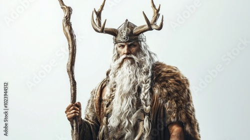 Njord powerful Scandinavian god associated with sea and winds stands confidently with a staff adorned in traditional attire and a crown embodying strength and authority. photo