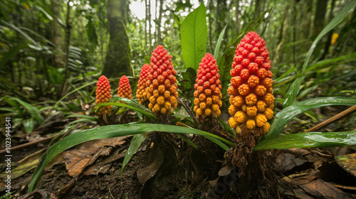 A group of red and orange flowers are growing in a forest. The flowers are in various stages of bloom, with some fully open and others still closed. The scene is peaceful and serene