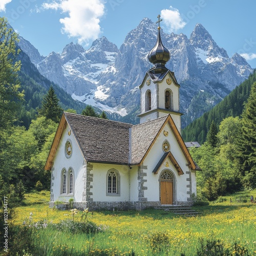 Charming stone chapel in alpine mountain landscape 