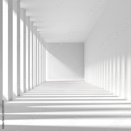 A minimalist interior space with white walls and shadows creating a sense of depth and tranquility.