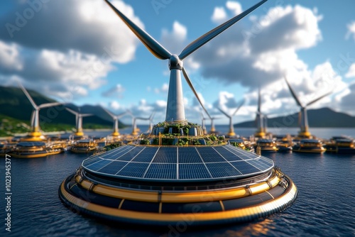 A 3D digital model of a floating offshore wind farm, with massive turbines and solar panels converting ocean energy into electricity photo