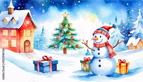 Festive Snowman with Gifts Winter Scene