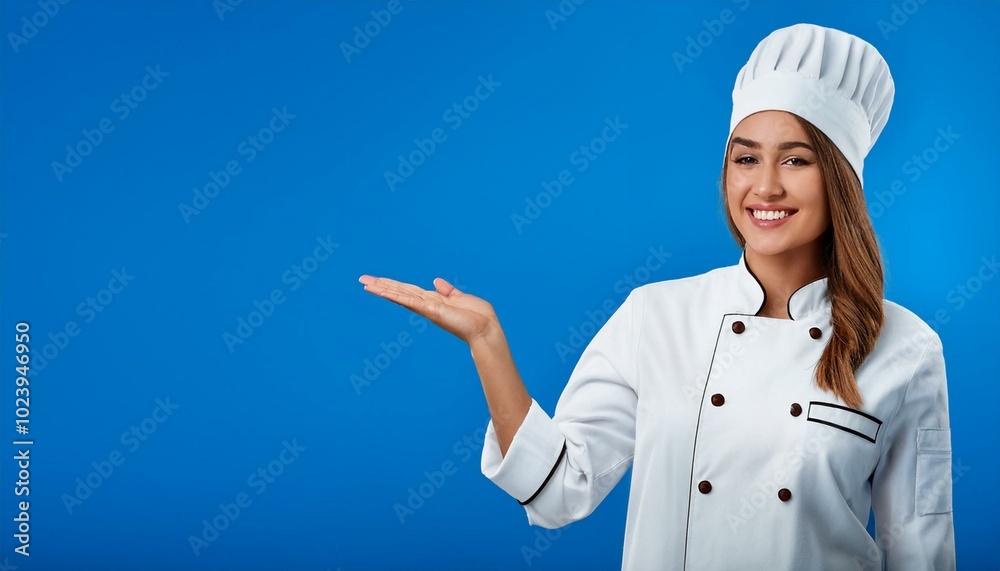 Professional chef woman showing sign for delicious on a blue background Professional chef woman showing sign for delicious on a blue background