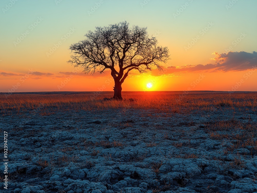 A lone tree silhouetted against a vibrant sunset over a vast, dry landscape. A lone tree silhouetted against a vibrant sunset over a vast, dry landscape.