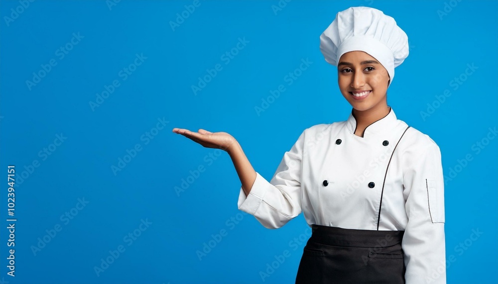 Professional chef woman showing sign for delicious on a blue background Professional chef woman showing sign for delicious on a blue background