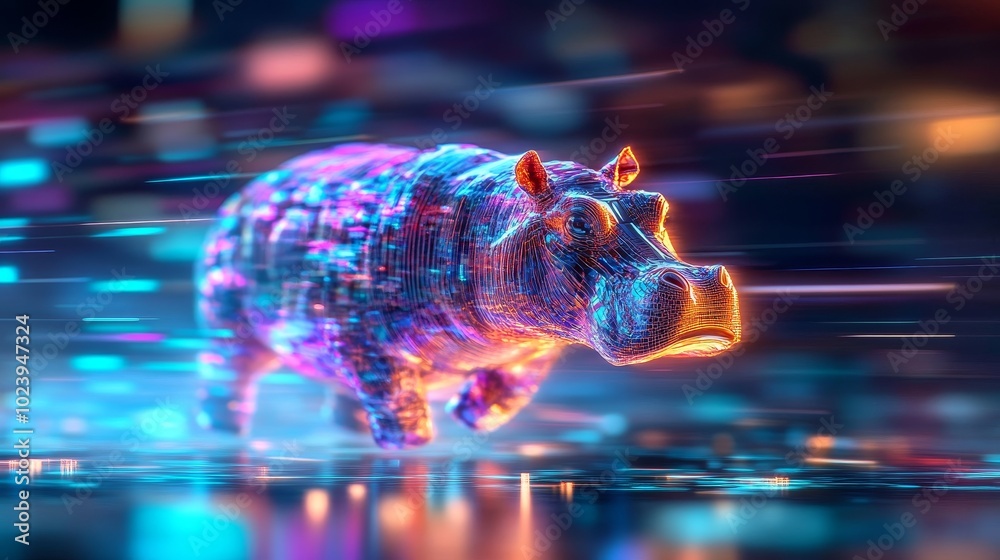 custom made wallpaper toronto digitalA hippo with a metallic, chrome body, moving through an avant-garde dreamscape of floating virtual architecture and digital clouds, Surreal, Futuristic, High Detail
