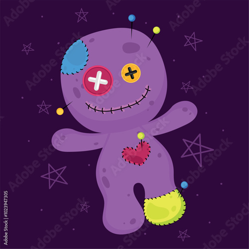 Purple voodoo doll with button eyes and stitched heart, Vector