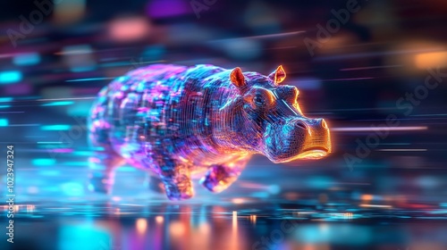 Wallpaper Mural A hippo with a metallic, chrome body, moving through an avant-garde dreamscape of floating virtual architecture and digital clouds, Surreal, Futuristic, High Detail Torontodigital.ca
