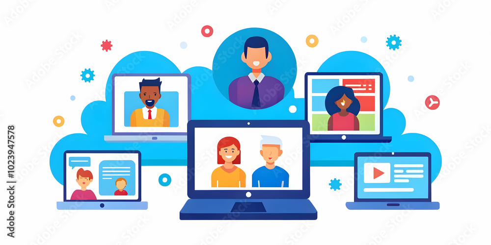 Diverse Team Engaged in Virtual Brainstorming with Digital Devices in Bokeh Background � Showcasing Modern Collaboration and Creativity in a Remote Workspace Diverse Team Engaged in Virtual Brainstorming with Digital Devices in Bokeh Background � Showcasing Modern Collaboration and Creativity in a Remote Workspace