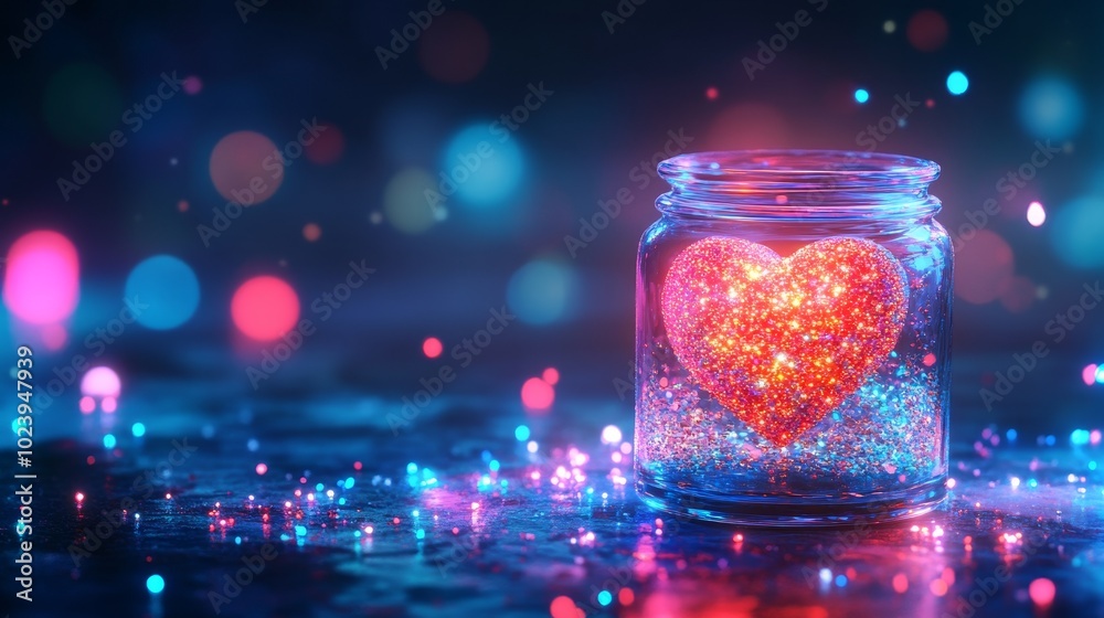 A heart made of holographic glass, floating in a jar of pixelated liquid, surrounded by virtual particles, surreal and outlandish, Avant-garde, Futuristic, 3D