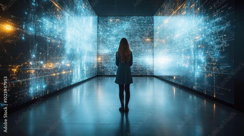 A woman stands in a room surrounded by large screens displaying abstract digital patterns. A woman stands in a room surrounded by large screens displaying abstract digital patterns.