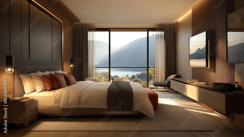 Modern Cozy Bedroom with Scenic Mountain View