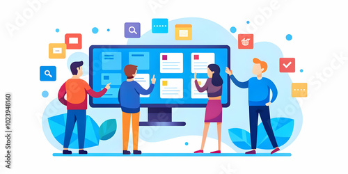 Collaboration in Action: Team Members Engaged in Brainstorming with Post-It Notes and Digital Screens Against a Soft Abstract Background - Concept for Photo Stock