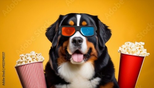 Funny bernese mountain dog movie lover with 3d glasses, popcorn and drink. photo