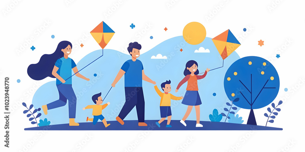 Parents and children enjoying a vibrant park day filled with fun activities like flying kites and playing ball, with ample copy space for advertising. Parents and children enjoying a vibrant park day filled with fun activities like flying kites and playing ball, with ample copy space for advertising.
