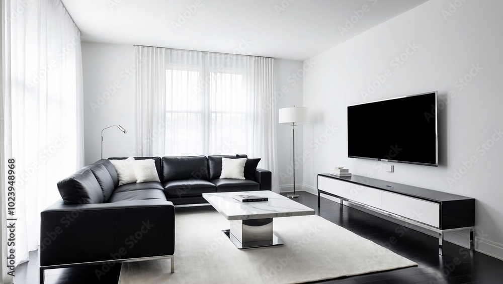 Modern minimalist black and white TV viewing room with white marble coffee table with polished chrome base. Modern minimalist black and white TV viewing room with white marble coffee table with polished chrome base.