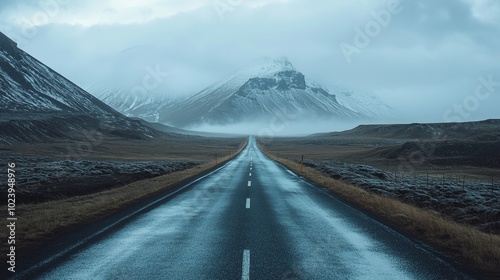 A Serene Journey Through Misty Mountains: Capturing the Essence of Nature's Remote Beauty and Tranquility on Open Roads. photo