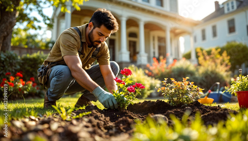 Gardener planting vibrant red flowers in sunlit front yard. Man in tan shirt and dark pants kneels to carefully place blooms in soil. Lush greenery and flower beds create inviting curb appeal.