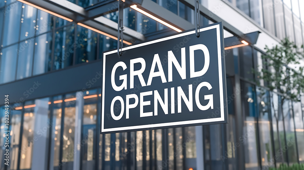 Fototapeta premium Black and white sign hanging outside a modern building, announcing a new business opening. 