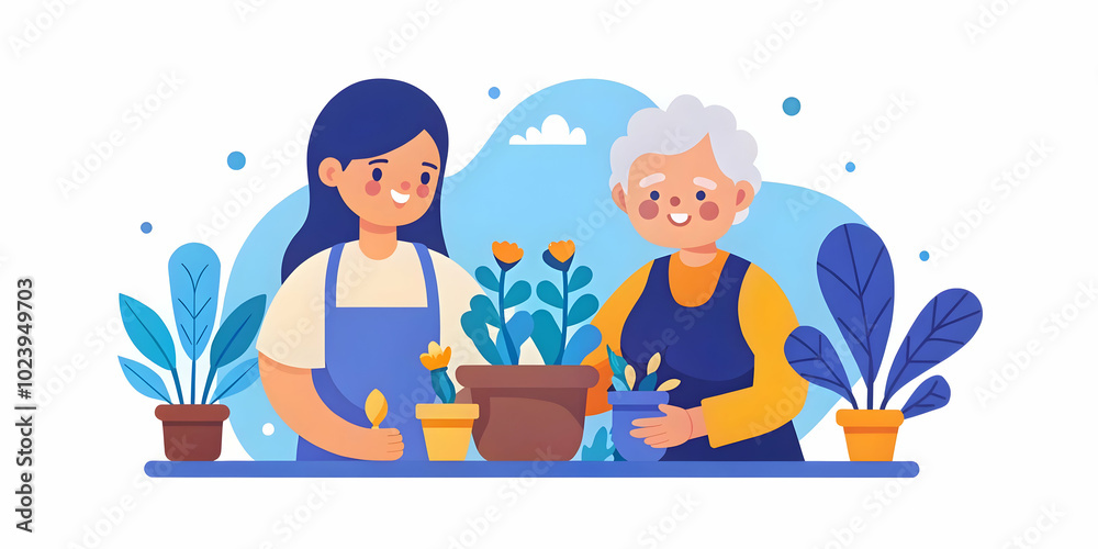 Generational Harmony: Young Mother and Elderly Mother-in-Law Gardening Together in a Colorful Backyard � A Heartwarming Scene of Cooperation and Shared Interests for Stock Photo Use Generational Harmony: Young Mother and Elderly Mother-in-Law Gardening Together in a Colorful Backyard � A Heartwarming Scene of Cooperation and Shared Interests for Stock Photo Use