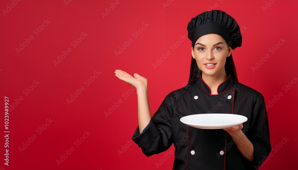Woman in cook black uniform, hat and holding plate on red background Woman in cook black uniform, hat and holding plate on red background