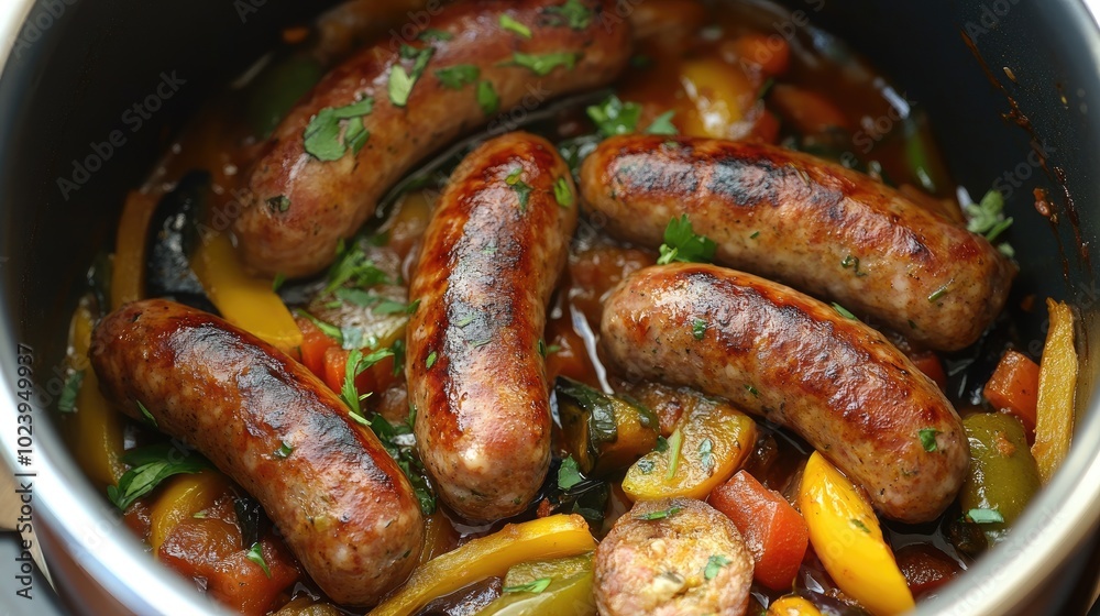 Delicious Sausages Cooked with Colorful Vegetables Delicious Sausages Cooked with Colorful Vegetables