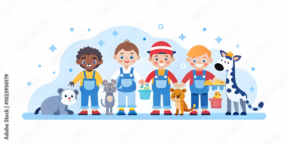 Capture children dressed as zookeepers nurturing toy animals in a backyard zoo setup, with soft abstract background and ample copy space for text on imaginative play and organization. Capture children dressed as zookeepers nurturing toy animals in a backyard zoo setup, with soft abstract background and ample copy space for text on imaginative play and organization.