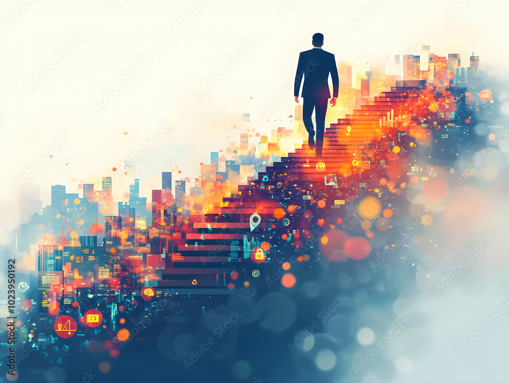 Flat Businessman Climbing Abstract Financial Stairs - Digital Art Illustration Representing Career Advancement and Financial Success in a Creative Smart Business Tone Flat Businessman Climbing Abstract Financial Stairs - Digital Art Illustration Representing Career Advancement and Financial Success in a Creative Smart Business Tone