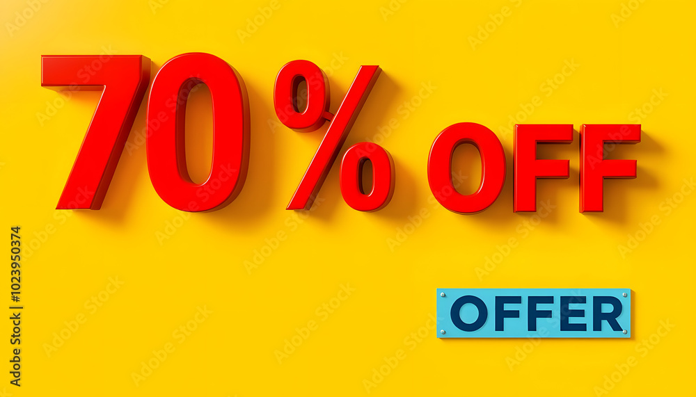 70 Percent Off. Discount and Special Offer. Red Text on Block Letter Tile against Yellow Background isolated with white highlights, png