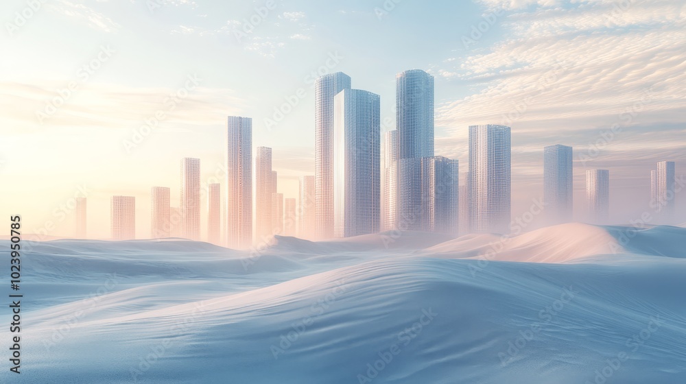 Fototapeta premium Abstract buildings rising from a desert of shifting sands, warping in and out of focus like a mirage, Conceptual, Surreal, Cool Tones, Glowing Edges