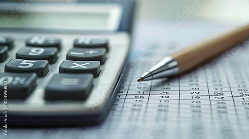 Close-up of a Calculator and Pen on a Spreadsheet