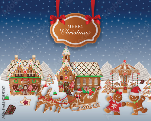 christmas background with gingerbread landscape. christmas poster with cookies and candies