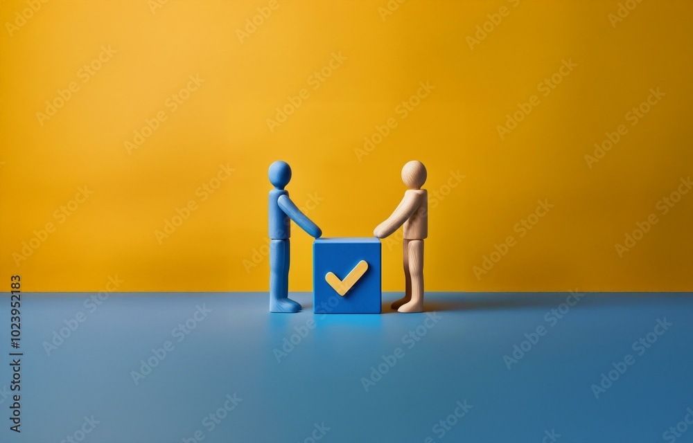 Two wooden figures stand by a blue cube with a yellow checkmark on it. Two wooden figures stand by a blue cube with a yellow checkmark on it.