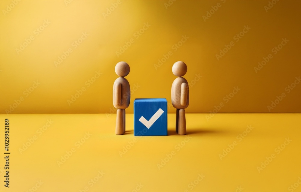 Two wooden figures stand in front of a blue cube with a white checkmark. Two wooden figures stand in front of a blue cube with a white checkmark.