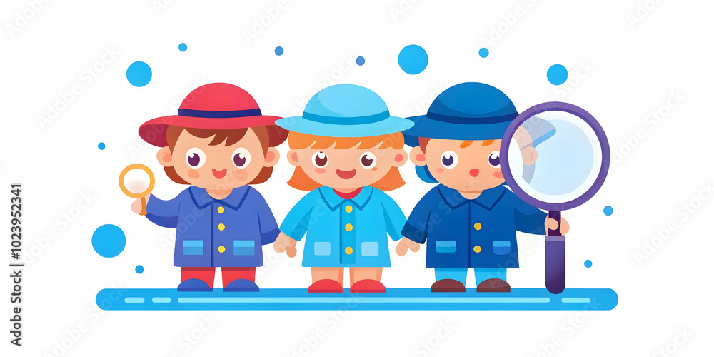 Children Dressed as Detectives Solving a Playground Mystery with Toy Magnifying Glasses Against Soft Abstract Background - Emphasizing Teamwork and Problem Solving Children Dressed as Detectives Solving a Playground Mystery with Toy Magnifying Glasses Against Soft Abstract Background - Emphasizing Teamwork and Problem Solving