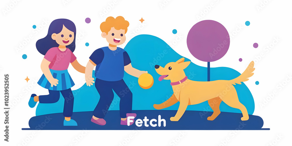 Siblings Joyfully Playing Fetch with Dog in Sunny Backyard - A Heartwarming Family Moment with Space for Promotional Text Siblings Joyfully Playing Fetch with Dog in Sunny Backyard - A Heartwarming Family Moment with Space for Promotional Text