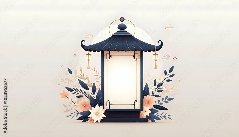 Elegant Minimalist Flat Lantern and Floral Border Frame Design with Ample Copy Space for Cultural Greetings Elegant Minimalist Flat Lantern and Floral Border Frame Design with Ample Copy Space for Cultural Greetings