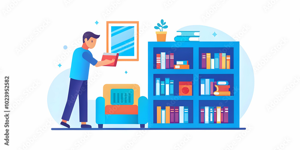 Candid Image of Person Tidying Bookshelf in Cozy Living Room - Perfect for Home Improvement and Minimalist Living Solutions Stock Photo Candid Image of Person Tidying Bookshelf in Cozy Living Room - Perfect for Home Improvement and Minimalist Living Solutions Stock Photo