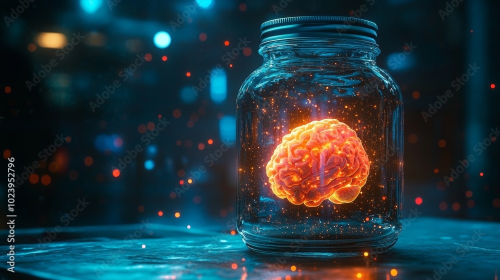 A jar holding a glowing brain, connected to a digital universe where outlandish virtual creatures form, Surreal, Avant-garde, Futuristic, Holographic, Glitch Effects A jar holding a glowing brain, connected to a digital universe where outlandish virtual creatures form, Surreal, Avant-garde, Futuristic, Holographic, Glitch Effects