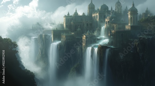 Surreal city where waterfalls form the architecture, silver rivers flow through streets, and rafts of clouds carry people under a sky that rains upwards
