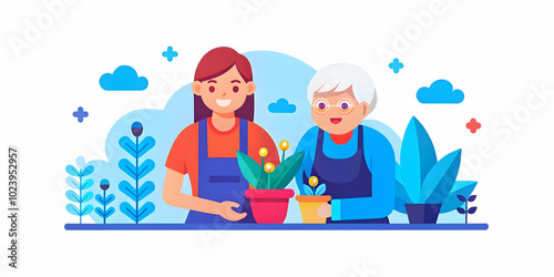 Harmonious Generations: Young Mother & Elderly Mother-in-law Gardening Together in a Colorful Backyard - A Shared Interest in Nurturing Plants